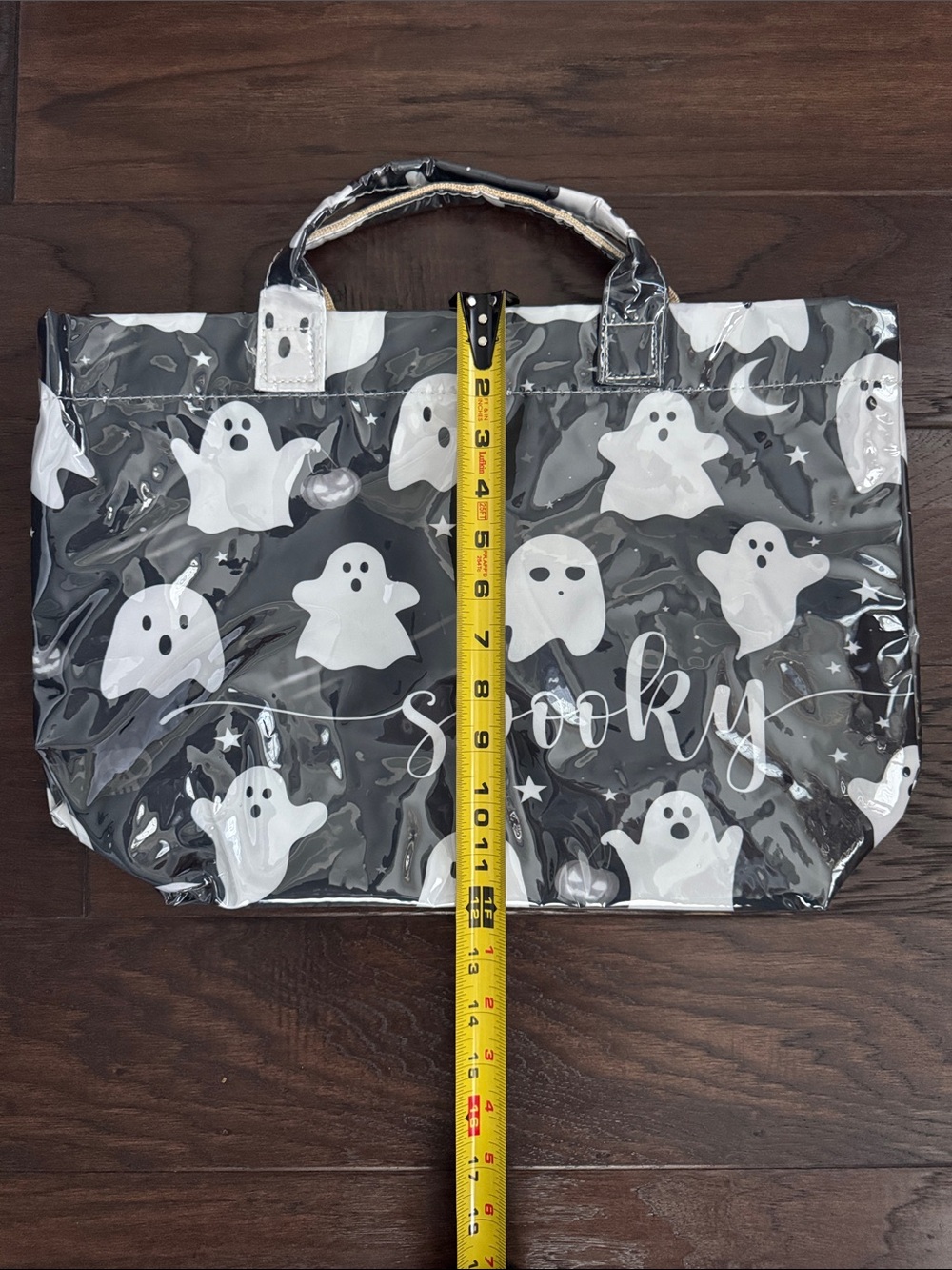 NWOT Halloween Spooky Ghost Print Tote Bag - Black & White PVC - Picture 4 of 8